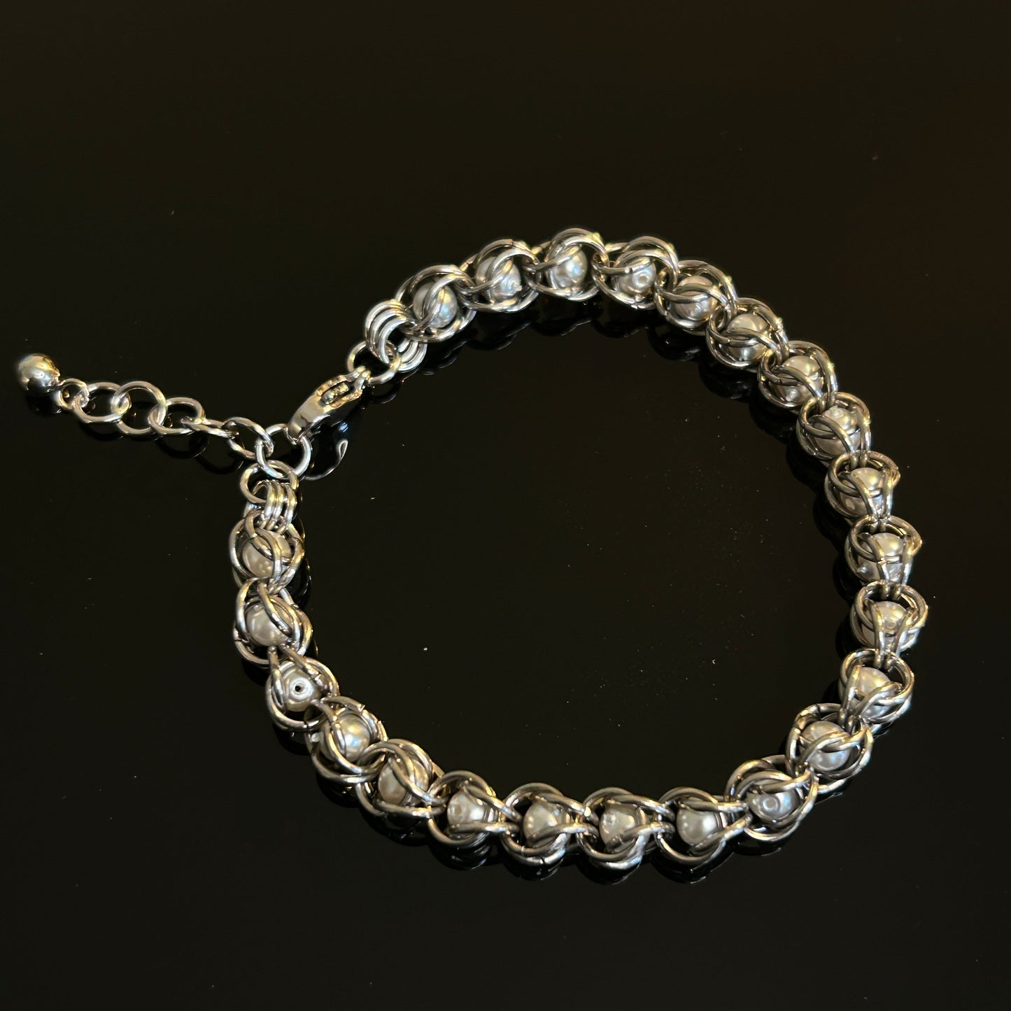 Pearly White Stainless Steel Chainmail Trapped Bead Bracelet