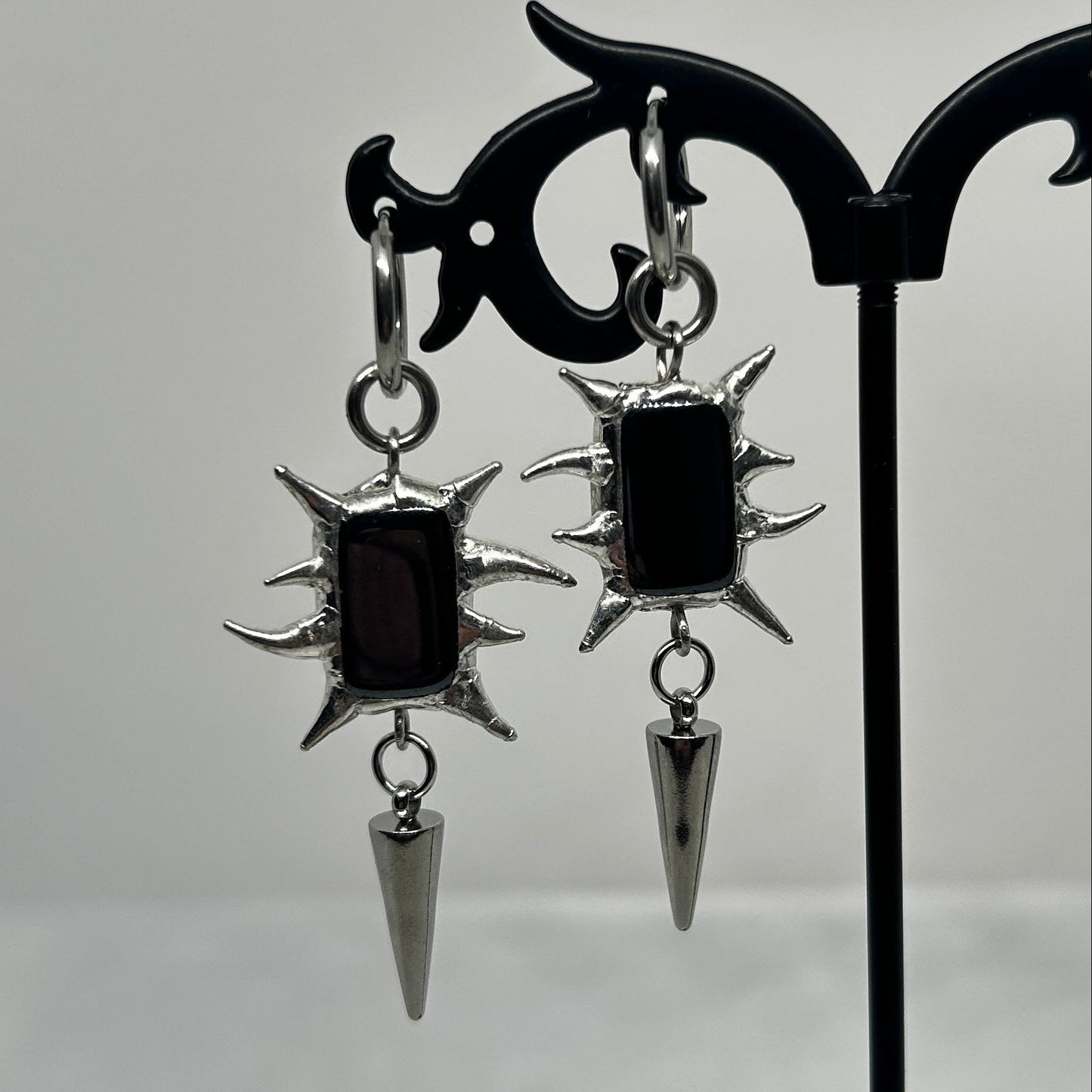 Black Glass Soft Soldered Spiky  Stainless Steel earrings