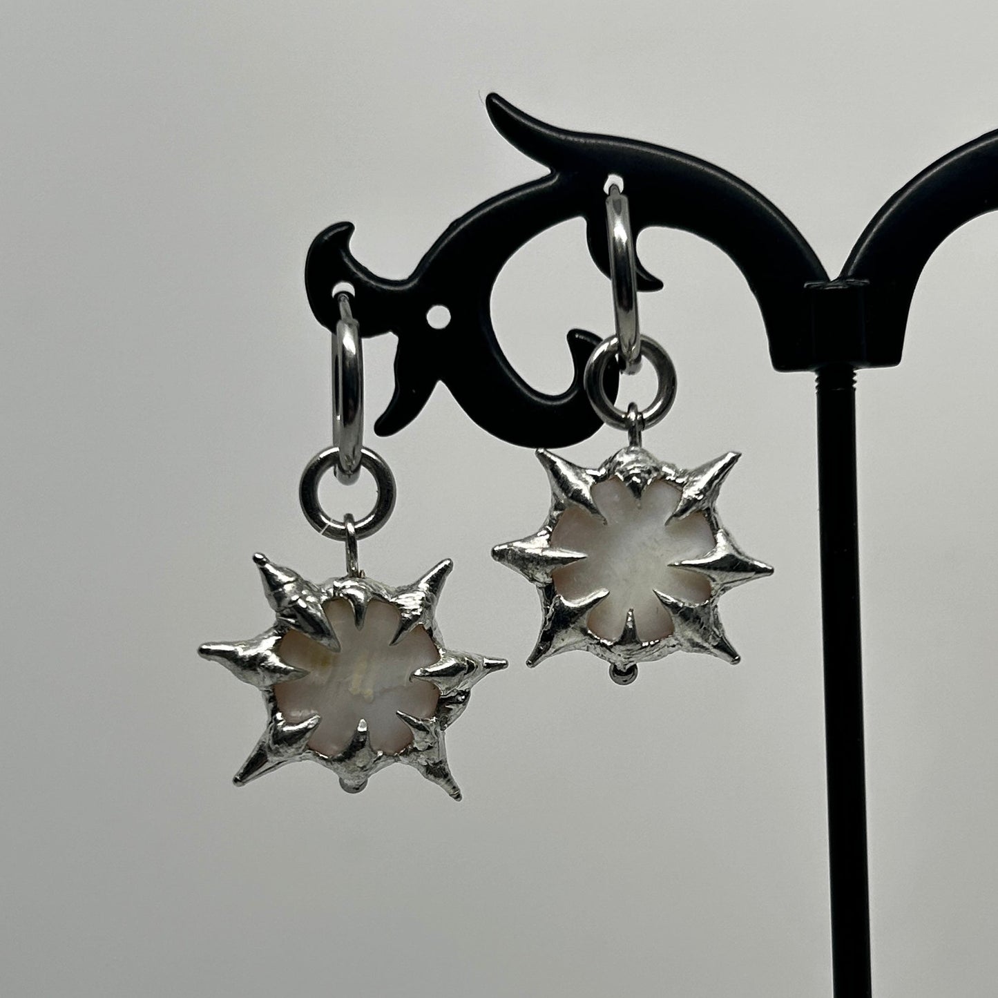 White Shiny Shell Soft Soldered Spiky  Stainless Steel earrings