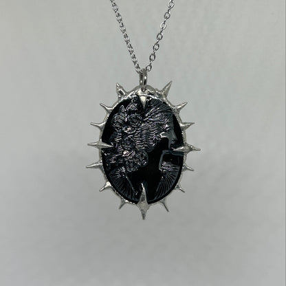 Black Glass Cameo Sillhouette Spiky  Stainless Steel Necklace