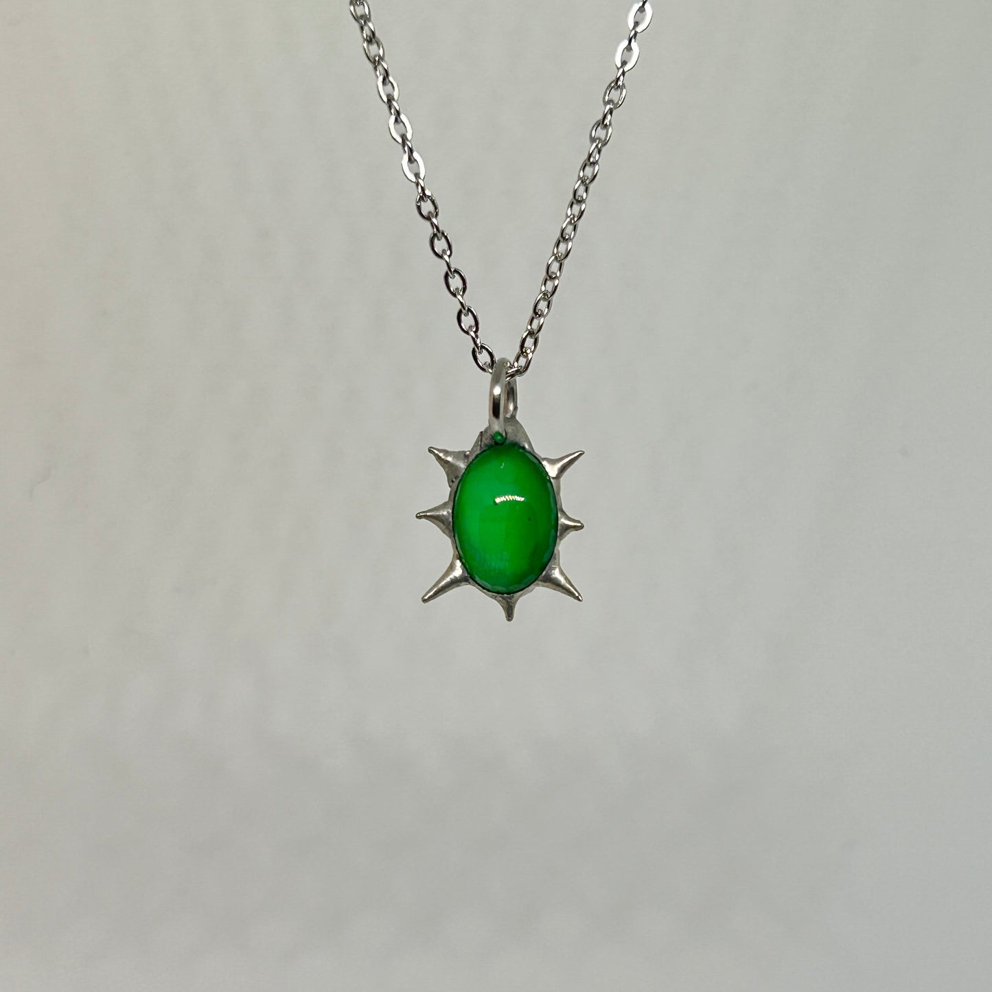 Green Glass Spiky  Stainless Steel Necklace