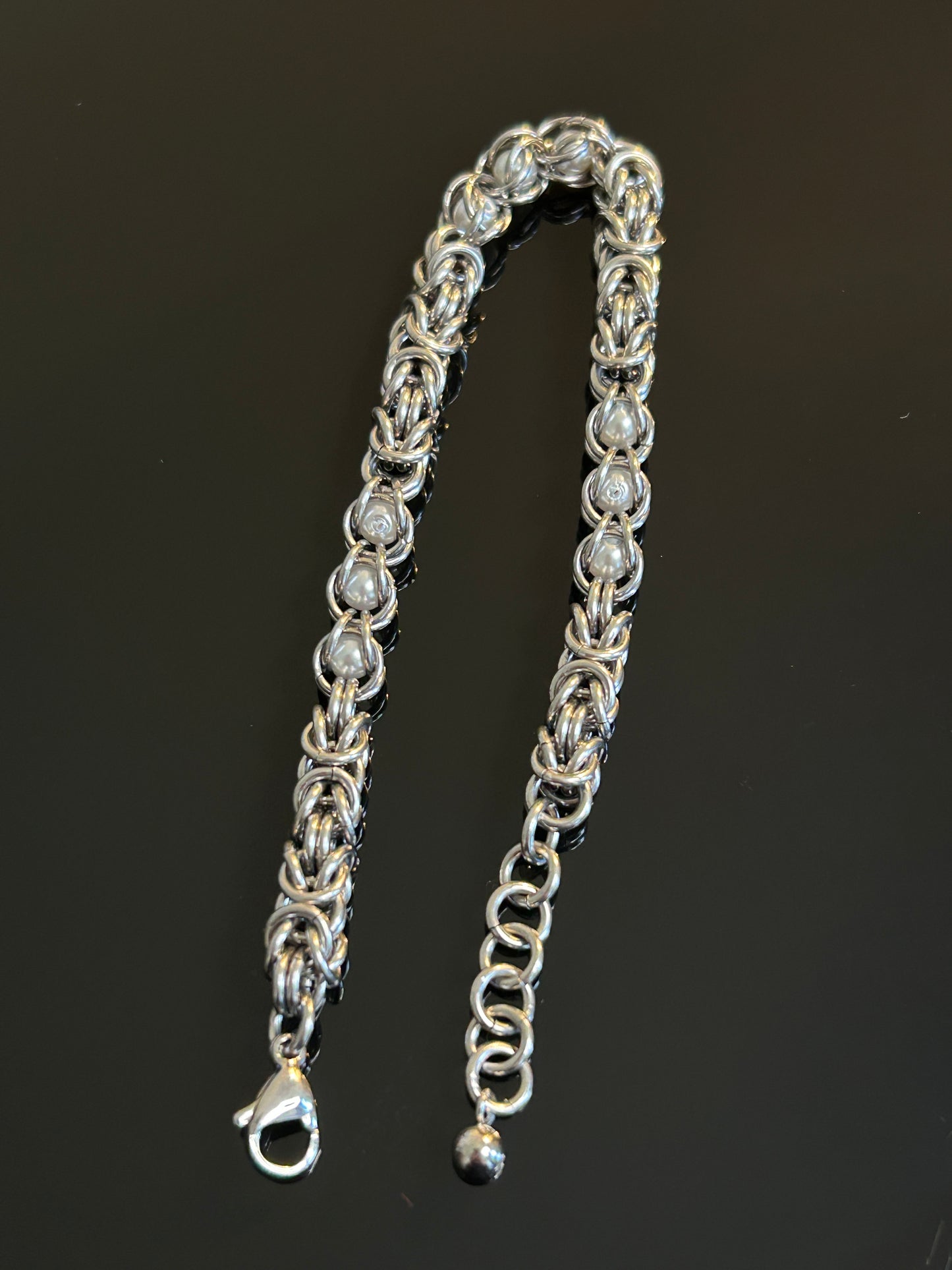Stainless Steel Chainmail Bracelet With Trapped White Beads