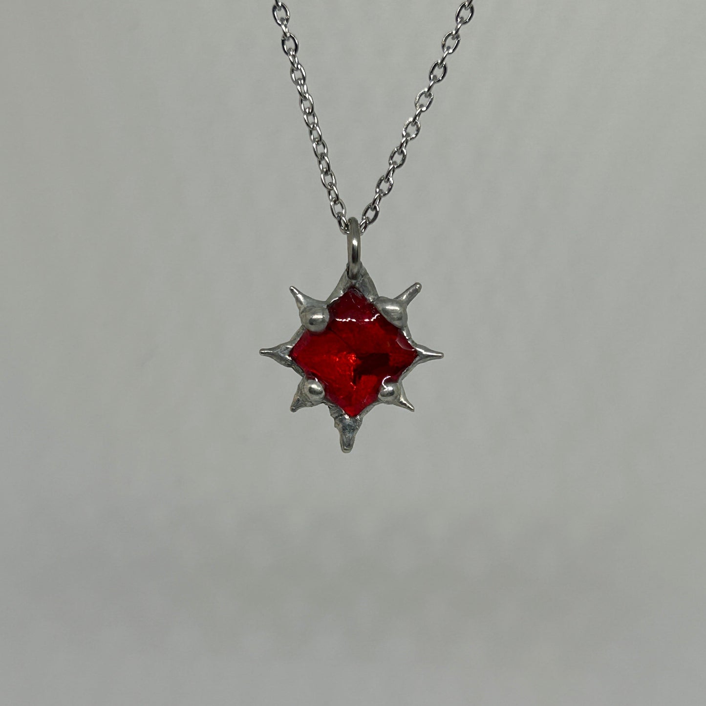 Red Glass Diamond Spiky  Stainless Steel Necklace