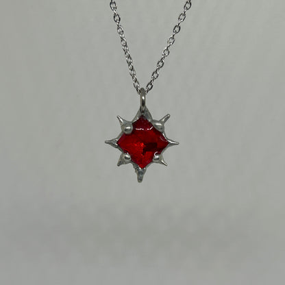 Red Glass Diamond Spiky  Stainless Steel Necklace