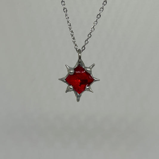 Red Glass Diamond Spiky  Stainless Steel Necklace