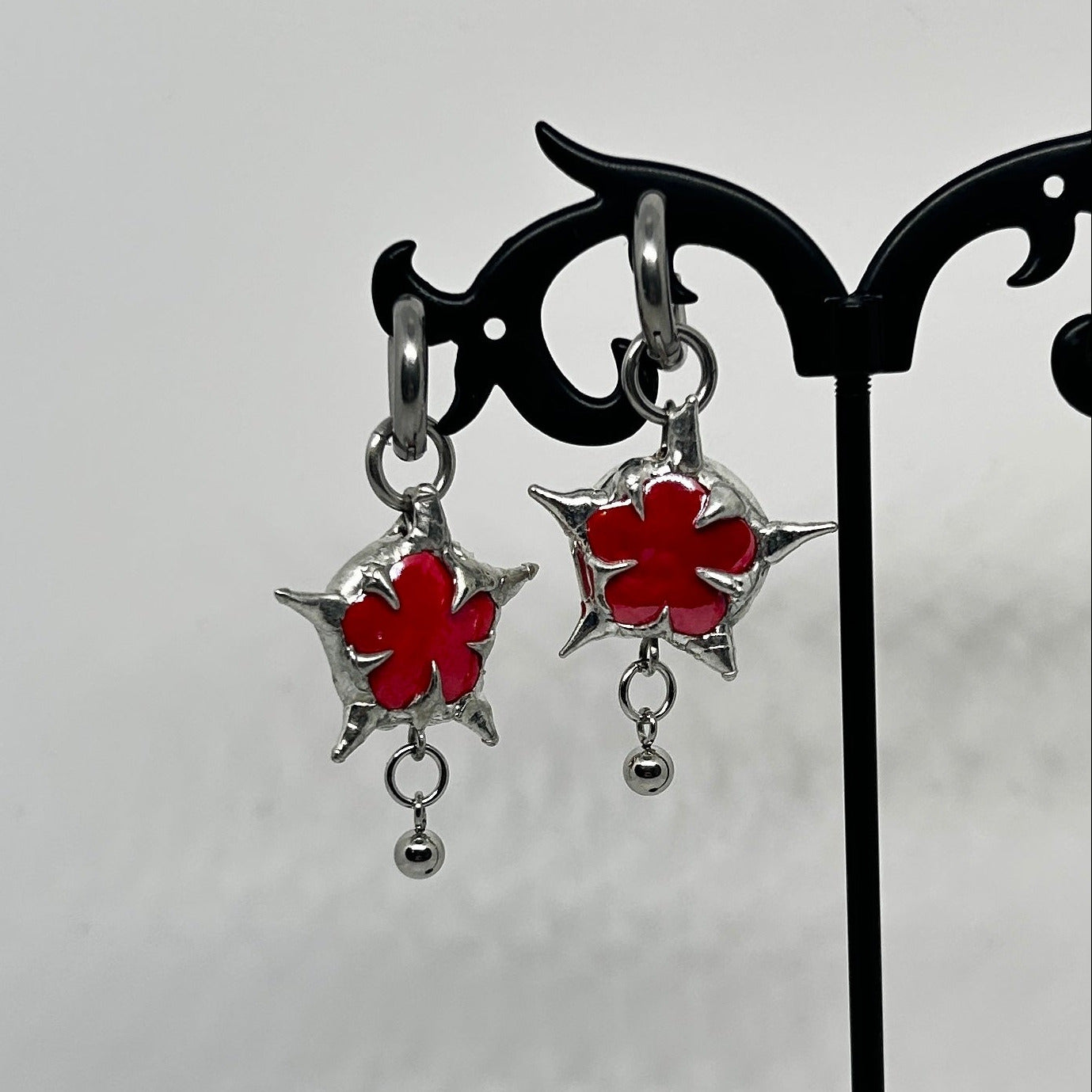 Red Ceramic Star Soft Soldered Spiky  Stainless Steel earrings
