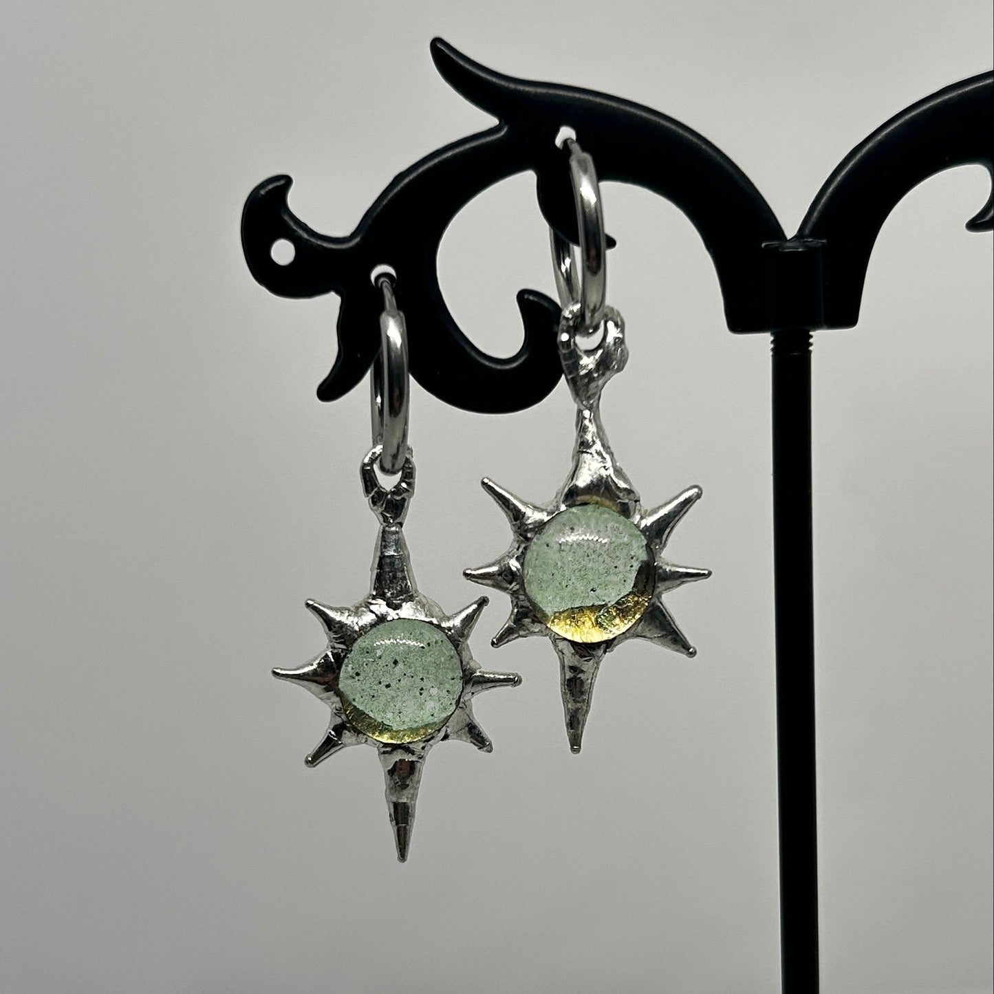 Light Green Glass Star Soft Soldered Spiky  Stainless Steel earrings