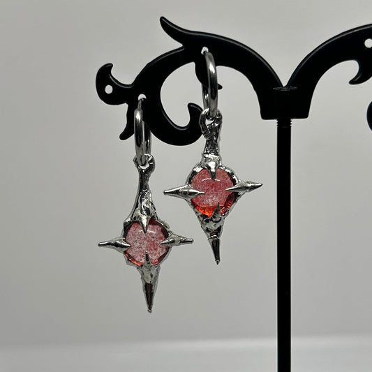 Pink Glass Star Soft Soldered Spiky  Stainless Steel earrings