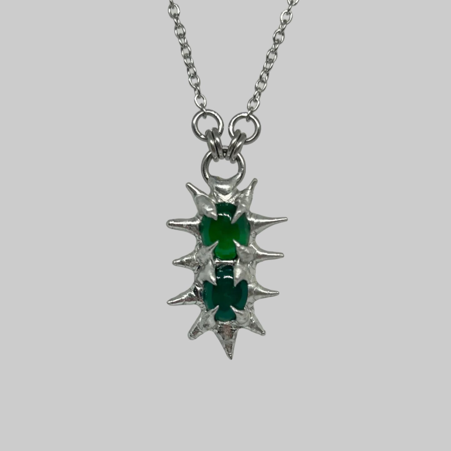 Green Stacked Glass Fixed Spiky  Stainless Steel Soft Soldered Necklace