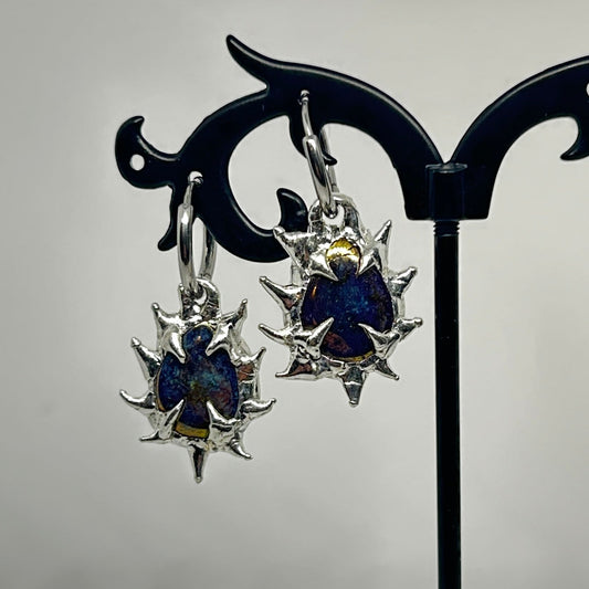 Shiny Blue Teardrop Glass Soft Soldered Spiky  Stainless Steel earrings
