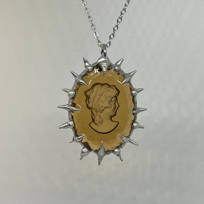 Amber Color Glass Cameo Sillhouette Spiky  Stainless Steel Necklace