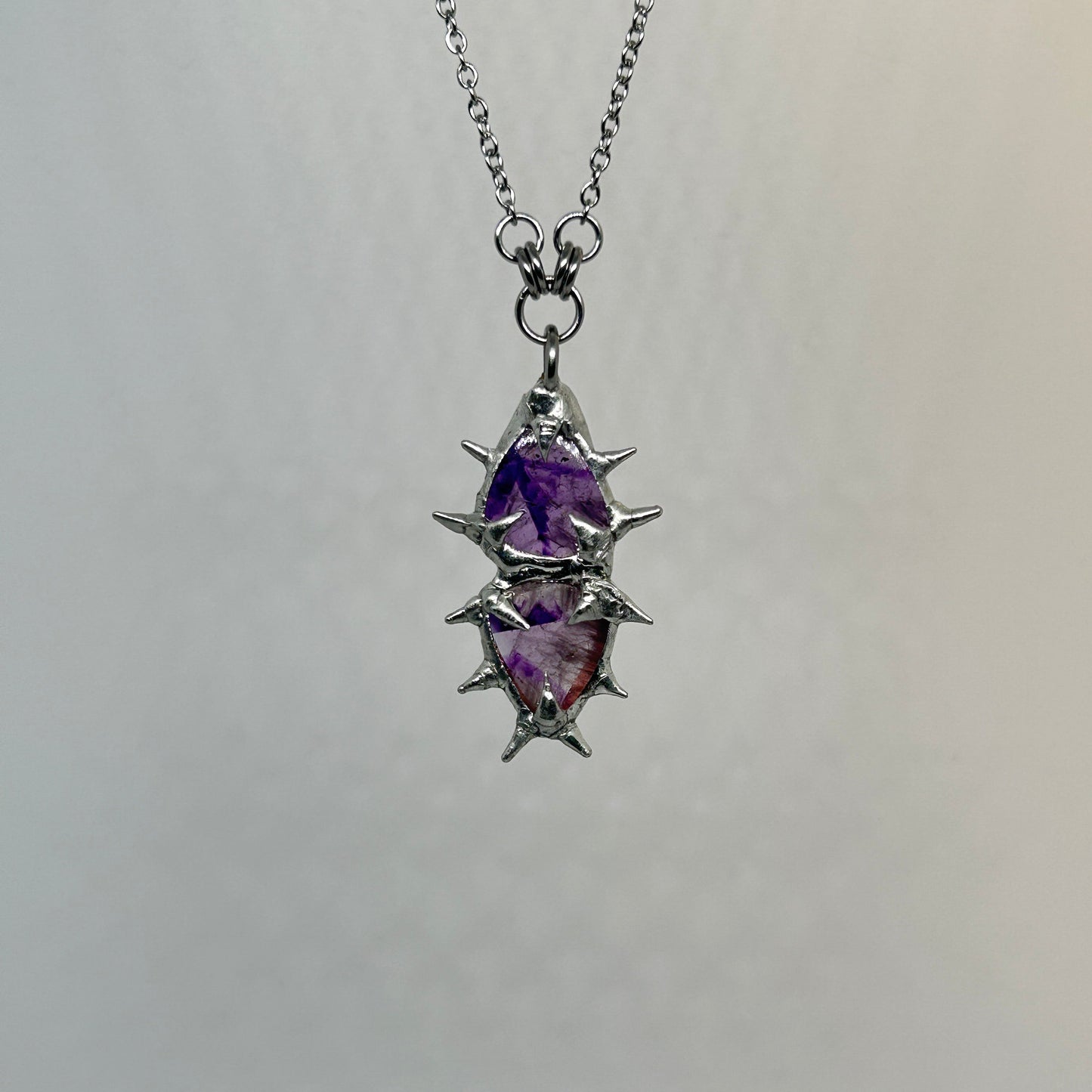 Stacked Amethyst Fixed Spiky  Stainless Steel Necklace