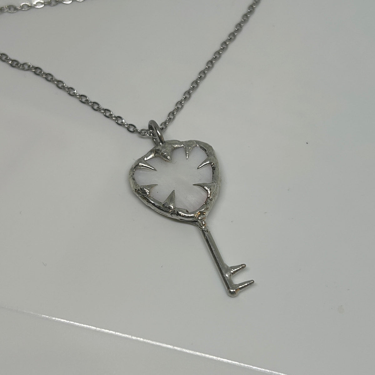 Mother of Pearl Heart Key Spiky  Stainless Steel Soft Soldered Necklace