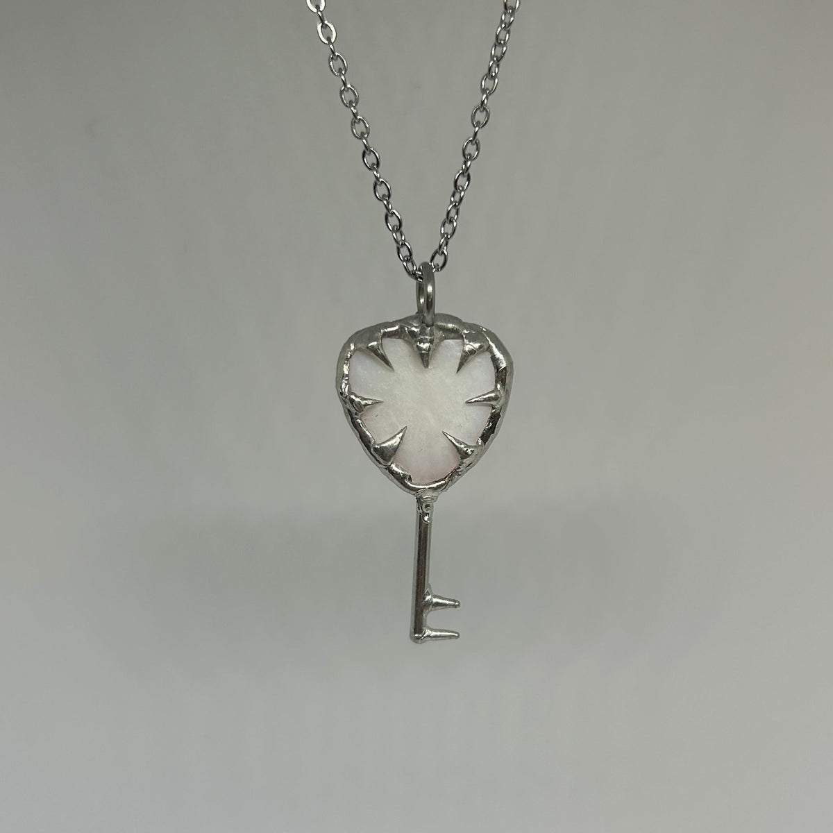 Mother of Pearl Heart Key Spiky  Stainless Steel Soft Soldered Necklace