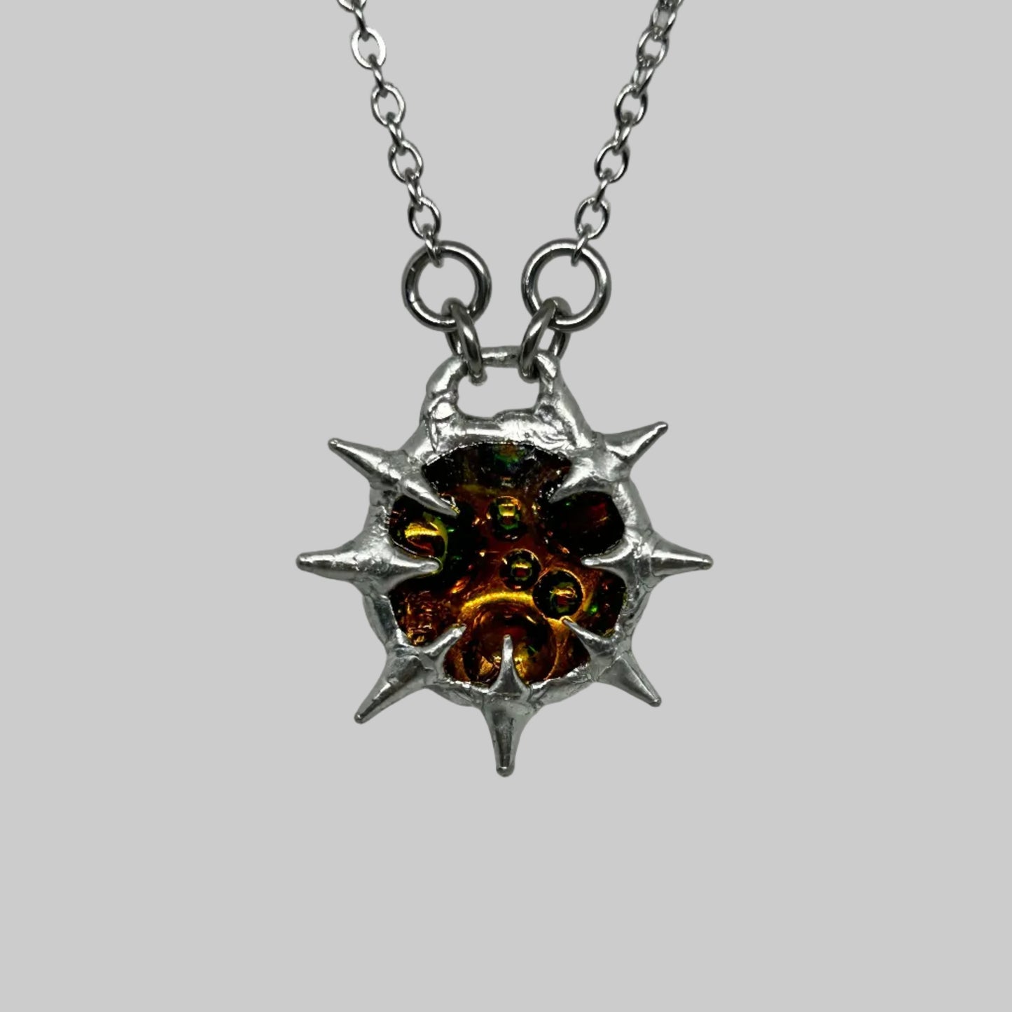 Bubbly Rainbow Glass Fixed Spiky  Stainless Steel Soft Soldered Necklace
