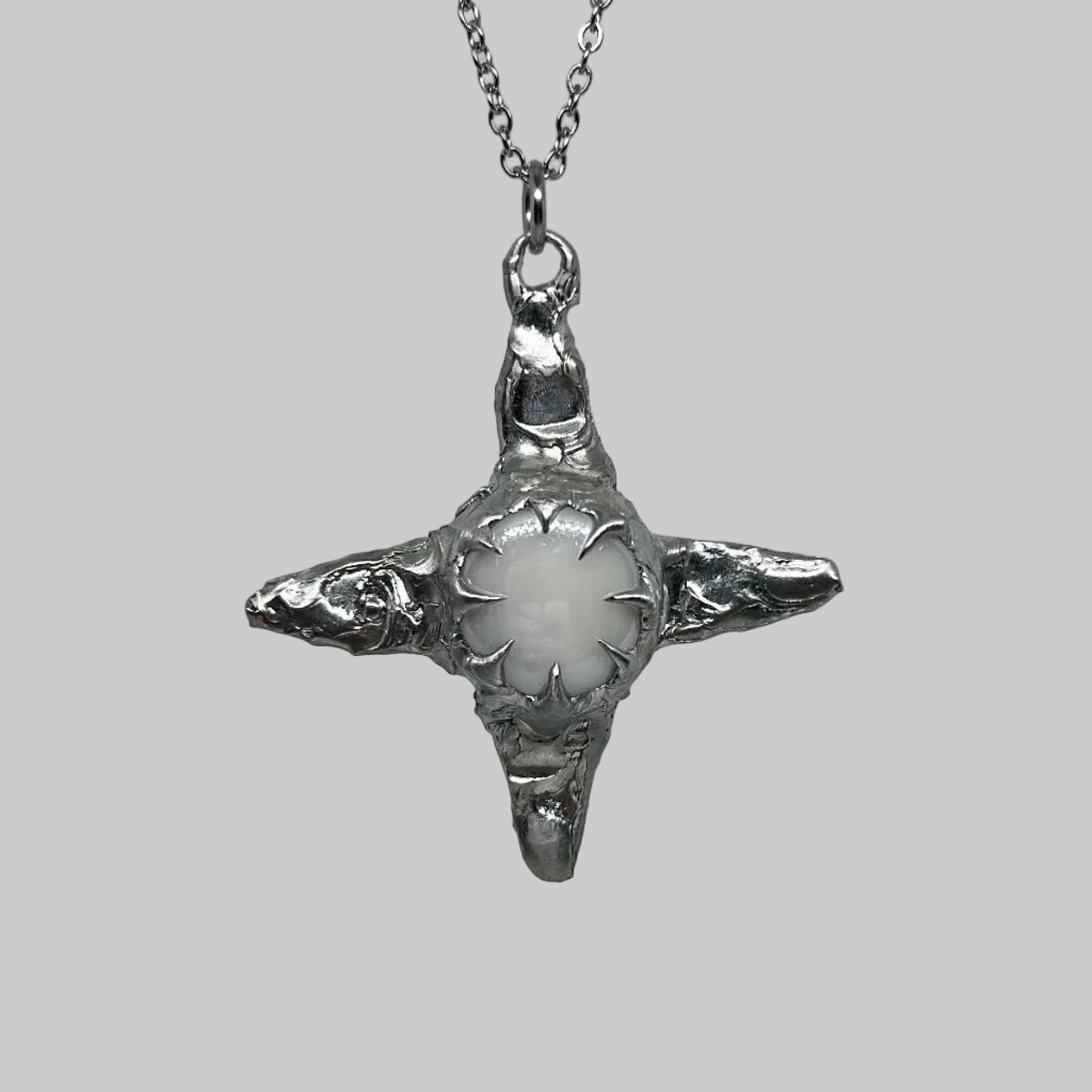 White Glass Bead Star Spiky  Stainless Steel Soft Soldered Necklace