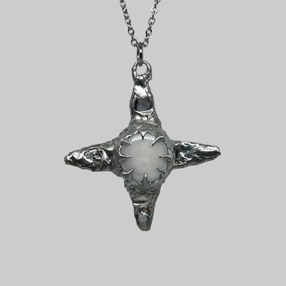 White Glass Bead Star Spiky  Stainless Steel Soft Soldered Necklace