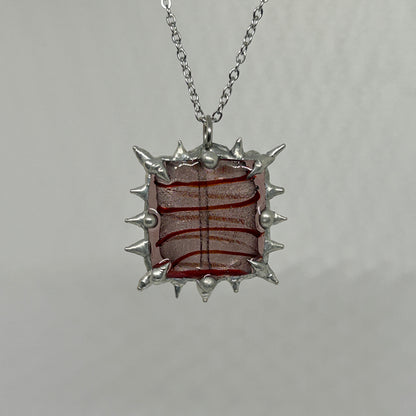 Pink and Red Glass Square Spiky  Stainless Steel Necklace