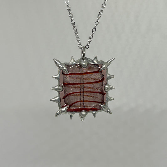 Pink and Red Glass Square Spiky  Stainless Steel Necklace