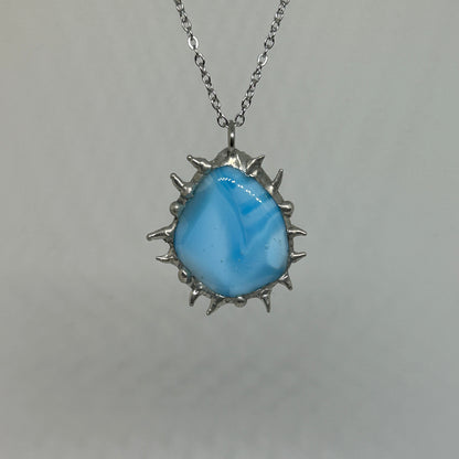 Light Blue Glass Spiky  Stainless Steel Necklace