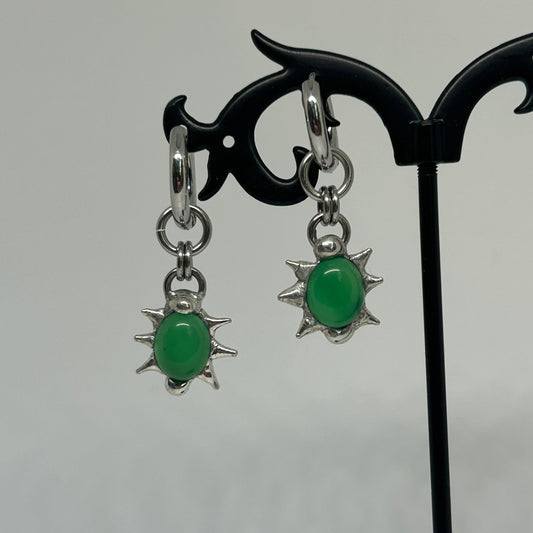 Green Glass Soft Soldered Spiky  Stainless Steel earrings