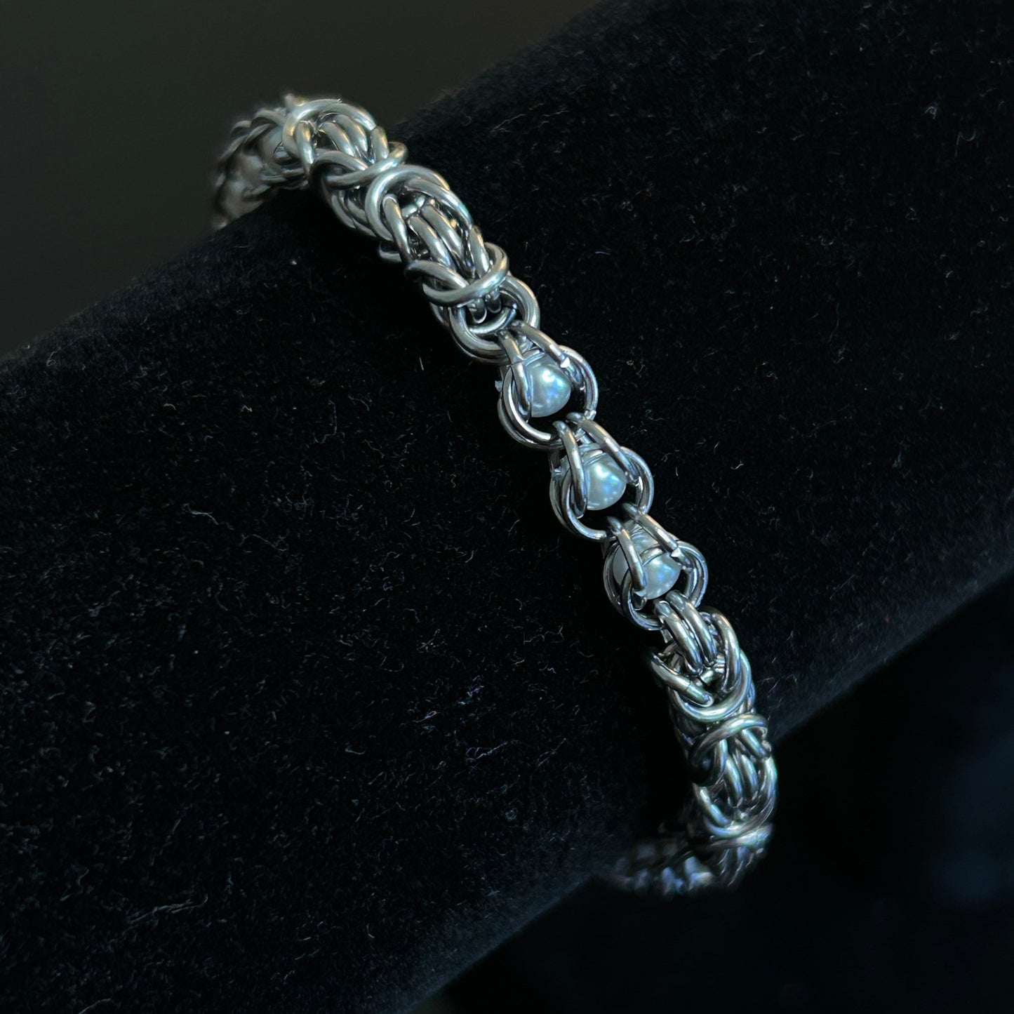 Stainless Steel Chainmail Bracelet With Trapped White Beads