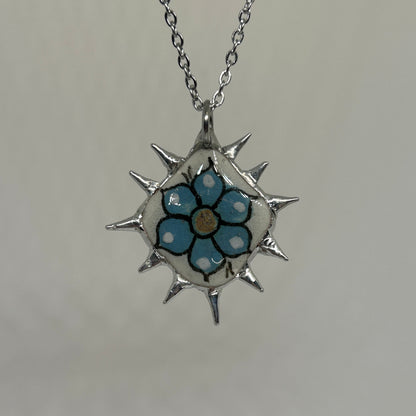 Blue Ceramic Flower Spiky  Stainless Steel Necklace