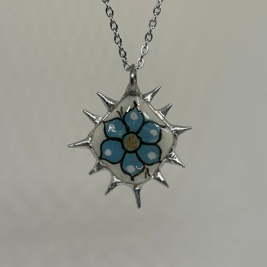 Blue Ceramic Flower Spiky  Stainless Steel Necklace