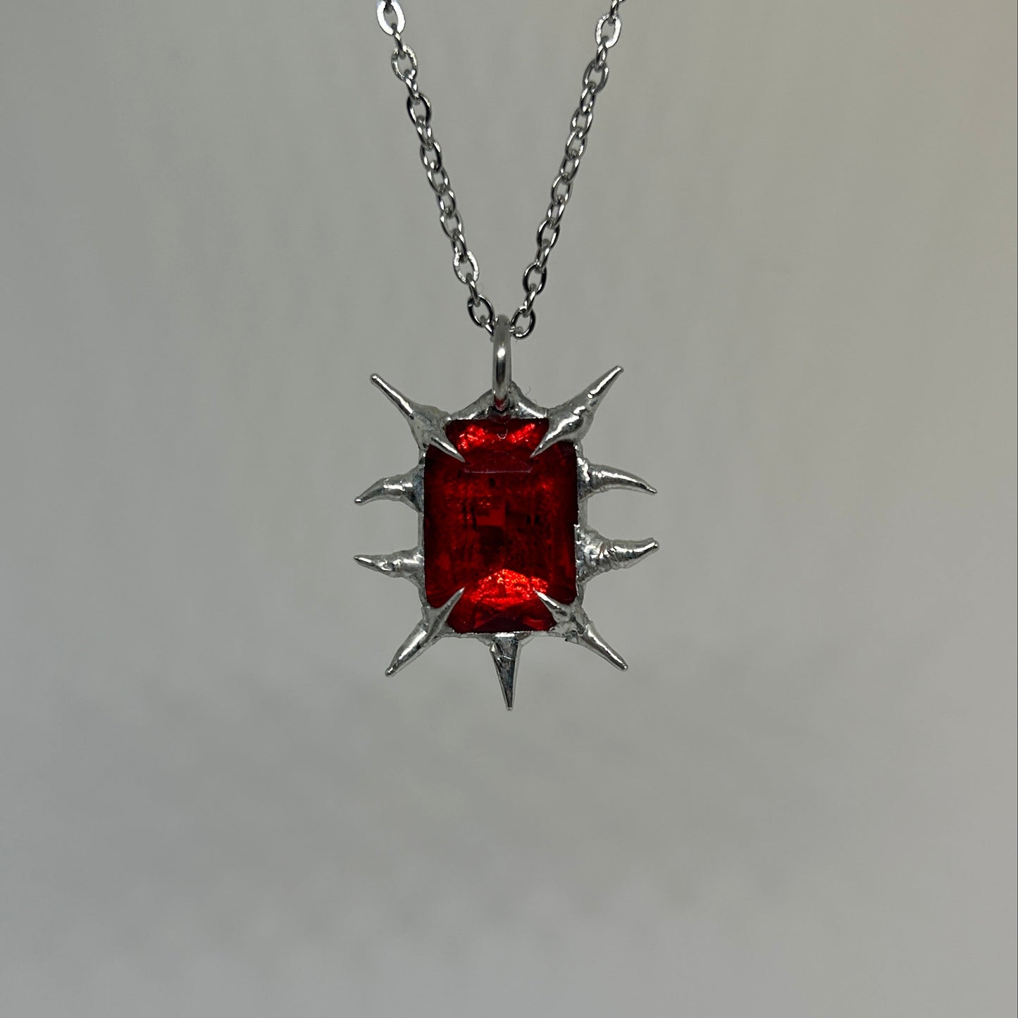 Red Glass Spiky  Stainless Steel Necklace