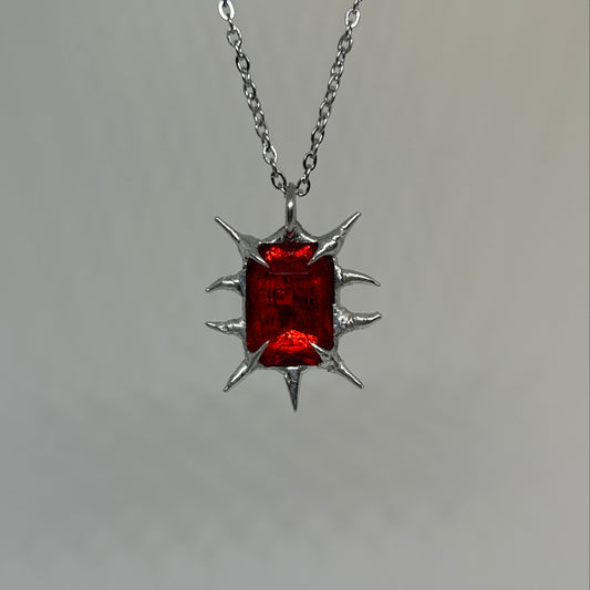 Red Glass Spiky  Stainless Steel Necklace