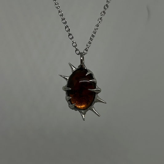 Amber Colored  Glass Spiky Stainless Steel Necklace