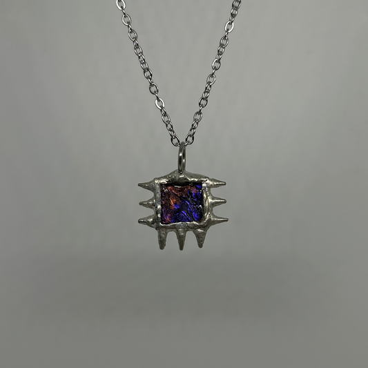 Orange and Purple Glass Square Spiky  Stainless Steel Necklace