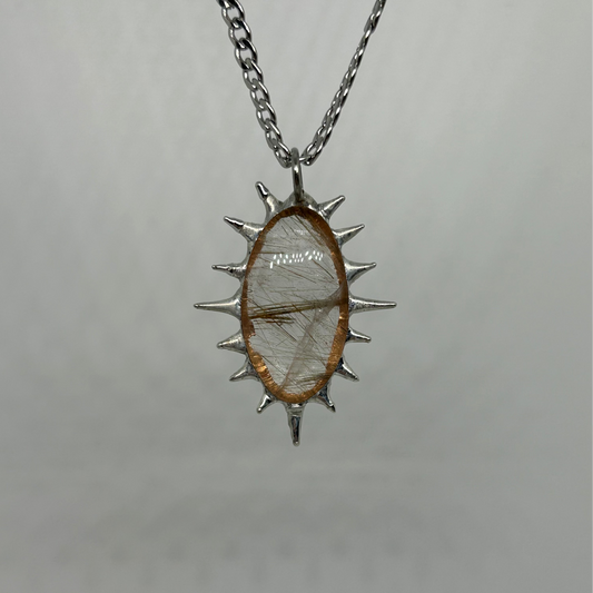 Golden Rutilated Quartz Spiky  Stainless Steel Necklace