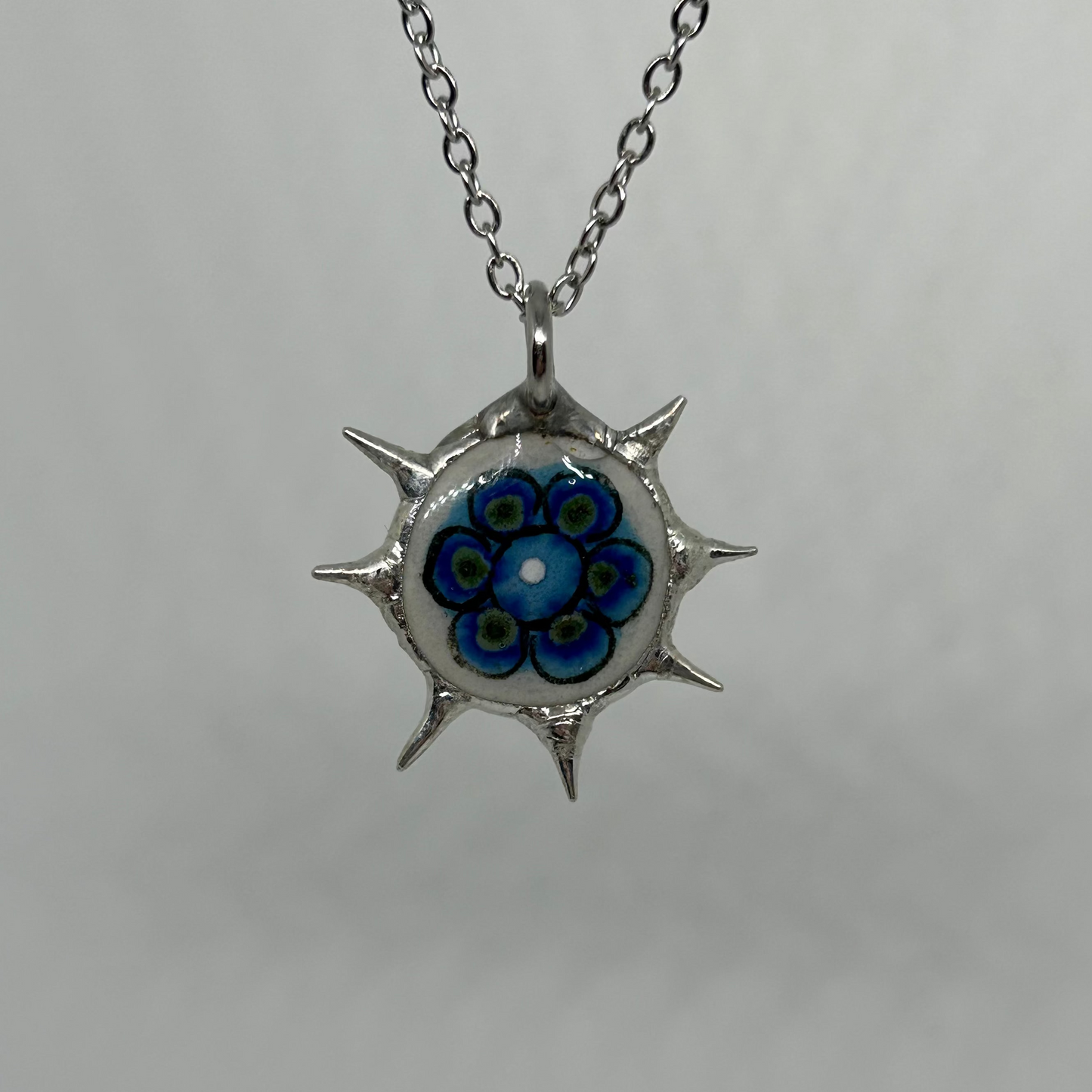 Blue Ceramic Flower Spiky  Stainless Steel Necklace