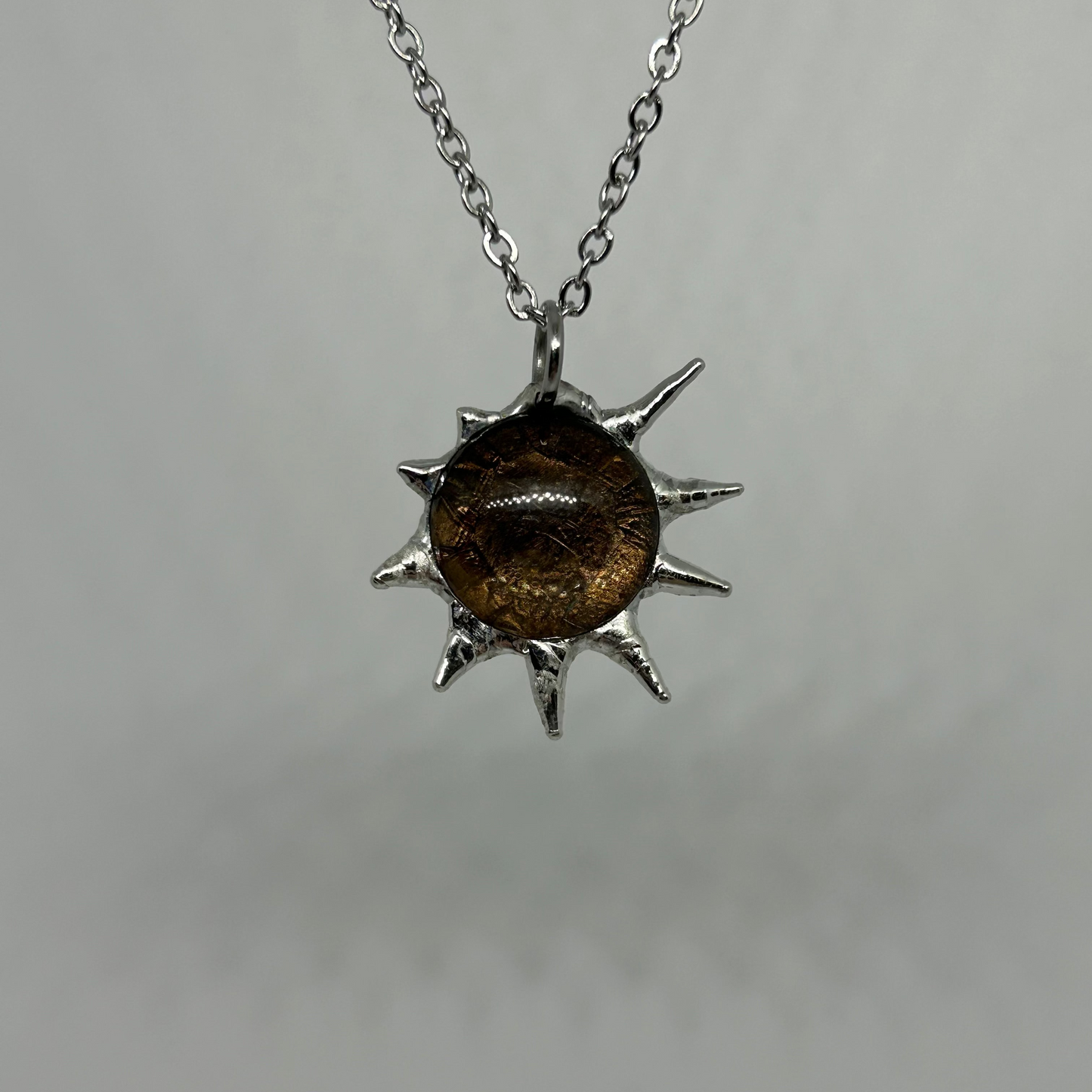 Round Brown Glass Spiky  Stainless Steel Necklace