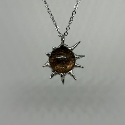 Round Brown Glass Spiky  Stainless Steel Necklace