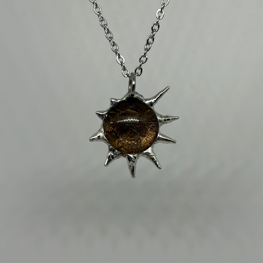 Round Brown Glass Spiky  Stainless Steel Necklace