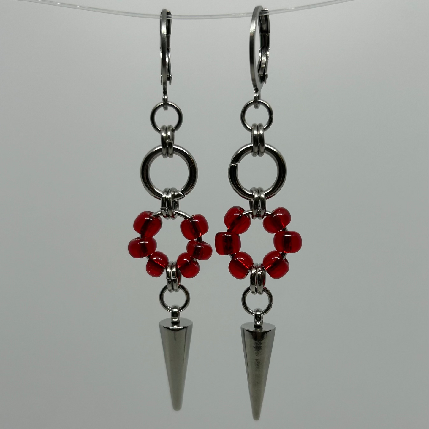 Red Bead Spike Stainless Steel Earrings