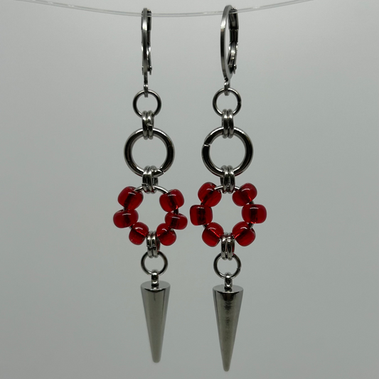 Red Bead Spike Stainless Steel Earrings