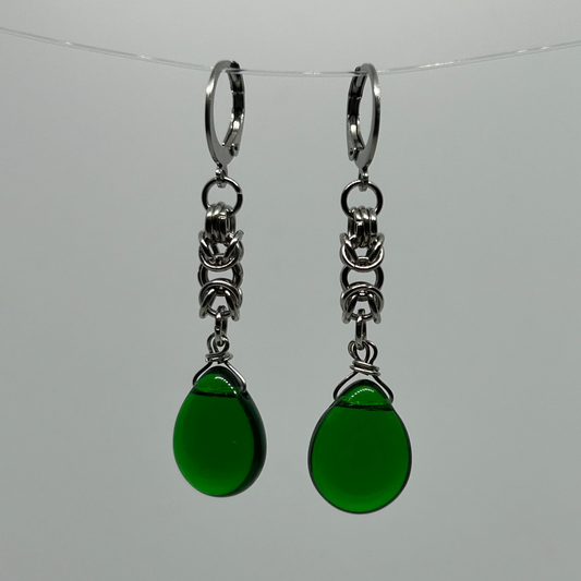 Green Teardrop Chainmail Stainless Steel Earrings