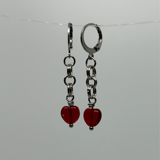 Red Glass Hearts Chainmail Stainless Steel Earrings