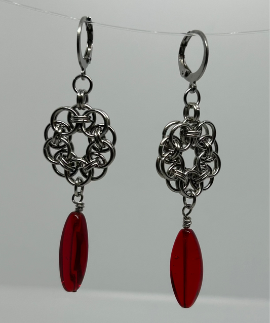 Chainmail Red Bead Stainless Steel Earrings