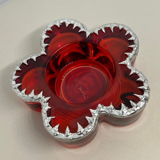 Red Glass Spiky Flower Multi-use Trinket Dish and Candle Holder