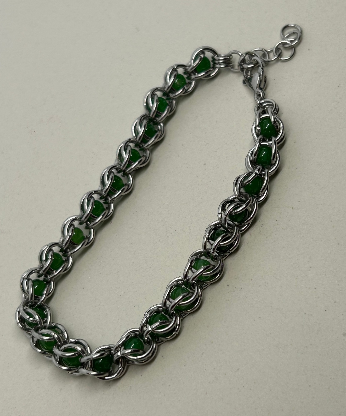 Green Jade Stainless Steel Chainmail Trapped Bead Bracelet