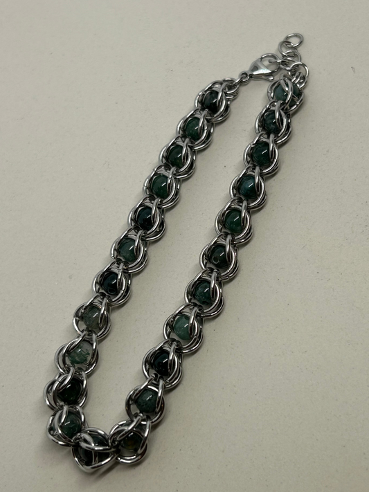 Mossy Agate Stainless Steel Chainmail Trapped Bead Bracelet
