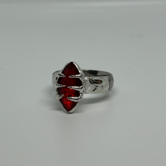 Red Glass Claw  Stainless Steel Soft Soldered Ring